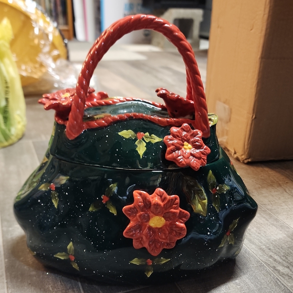 Floral Ceramic Handbag with Red poinsetta  Accents